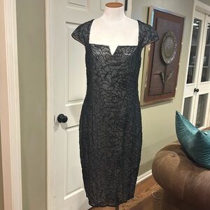EUC David Meister Black Abstract Lace Cocktail Dress Sweetheart Mesh Sz 12
